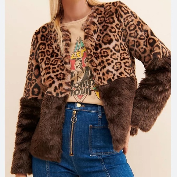 Anthropologie Current Air faux, fur color block and leopard print jacket - Picture 1 of 15